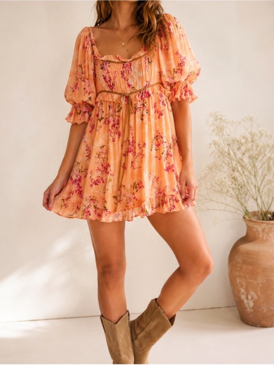 Free People Dresses & Skirts - Free People Marney Mini Dress Peach Combo Floral Babydoll Boho Size Large
